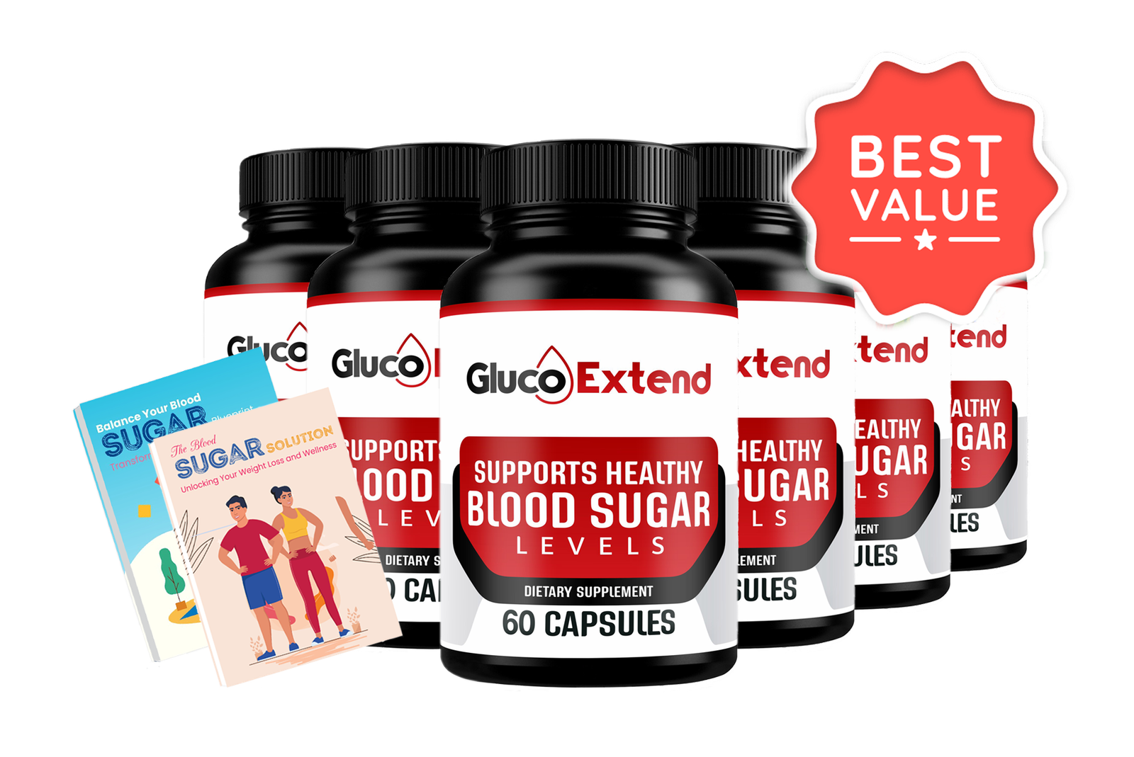 Gluco Extend 6 bottles with pair of digital books and banner