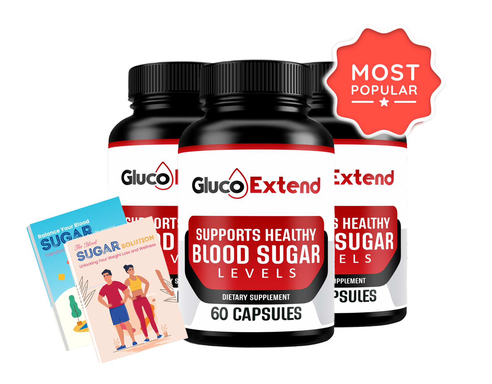 glucoextend 3 bottles with 2 digital books and banner